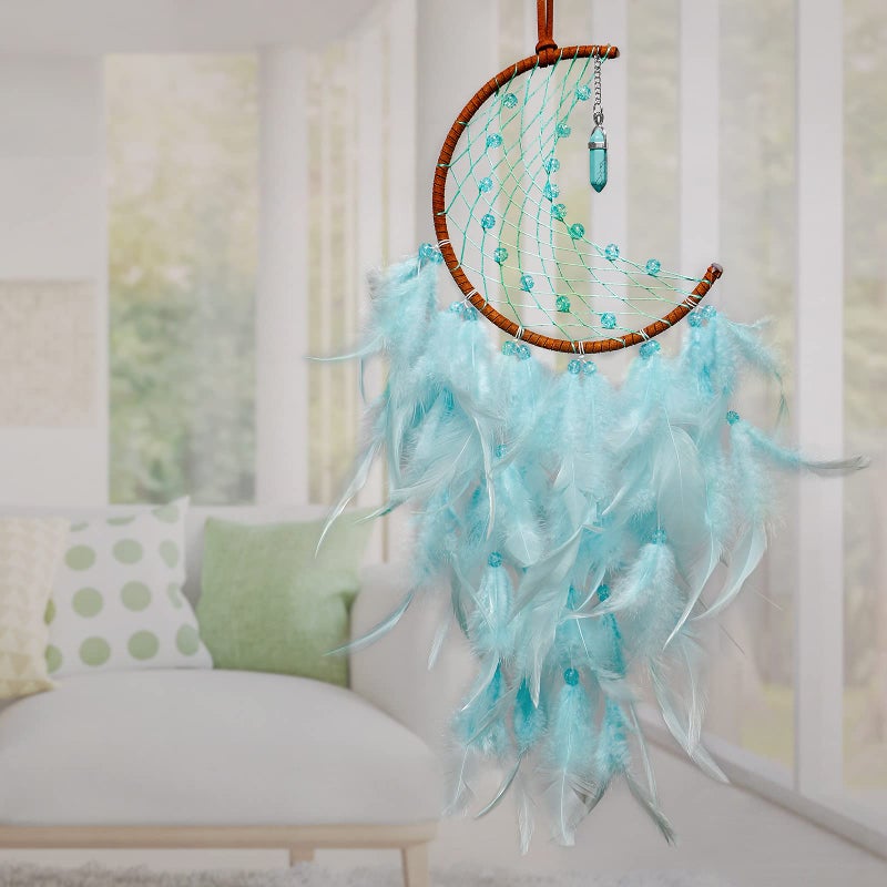 Dremisland Moon Dream Catcher with Fairy Lights-Handmade Feather Lucky Turquoise Pendant Beads Wall Hanging Ornament for kids Bedroom Home Decoration Art Craft Gift. (Sky Blue) - Image 2